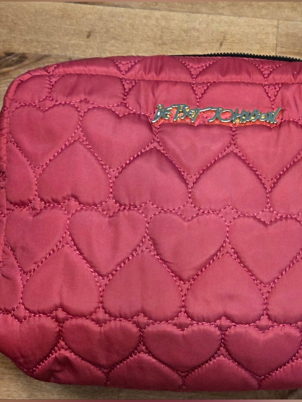 Betsey Johnson Quilted Heart Cosmetic Pouch Bag Hot Pink